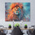 Dining room with a colorful painting of a lion on the wall.