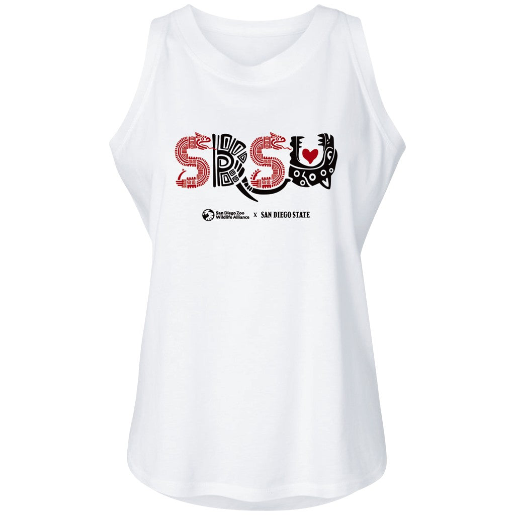 SDSU + SDZWA WOMENS LADIES WHITE TANK TOP WITH REPTILE DESIGN IN BLACK IN RED SAN DIEGO ZOO AND SAN DIEGO STATE UNIVERSITY COLLABORATION