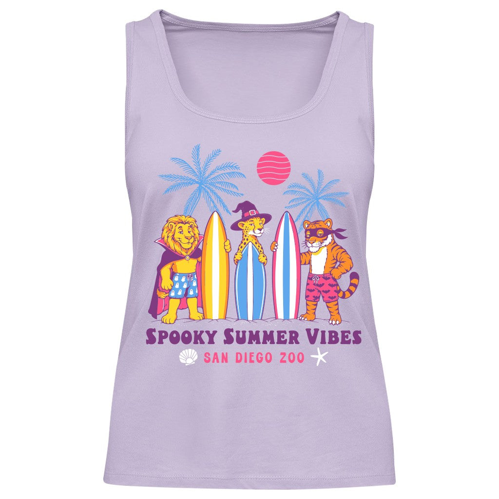A lavender sleeveless tank top featuring a colorful graphic of cartoon lions, tigers, and a zebra holding surfboards, with the text 'Spooky Summer Vibes' and 'San Diego Zoo' printed below.