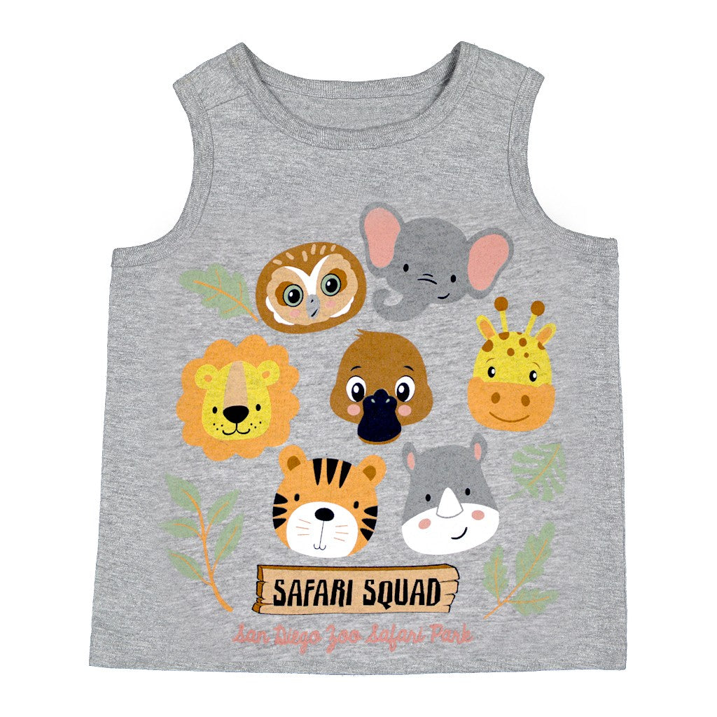 Gray tank top with colorful animal faces and 'Safari Squad' text on a white background SAN DIEGO ZOO SAFARI PARK TODDLER 
