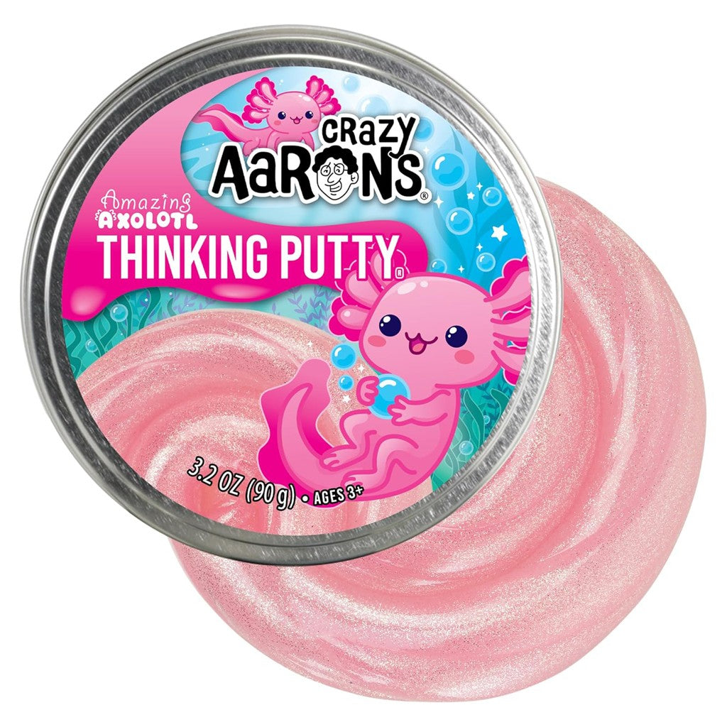 Pink thinking putty with a container labeled 'Crazy Aaron's Thinking Putty' on a white background