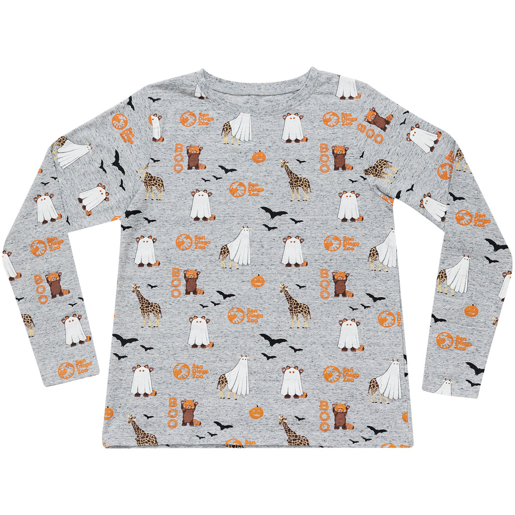 Gray long-sleeve shirt with Halloween-themed animal pattern on a white background