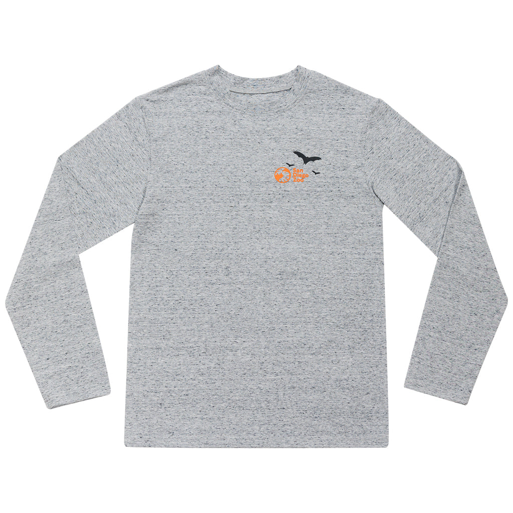 Gray long-sleeve shirt with a orange logo and a trio of bats on a gray background
