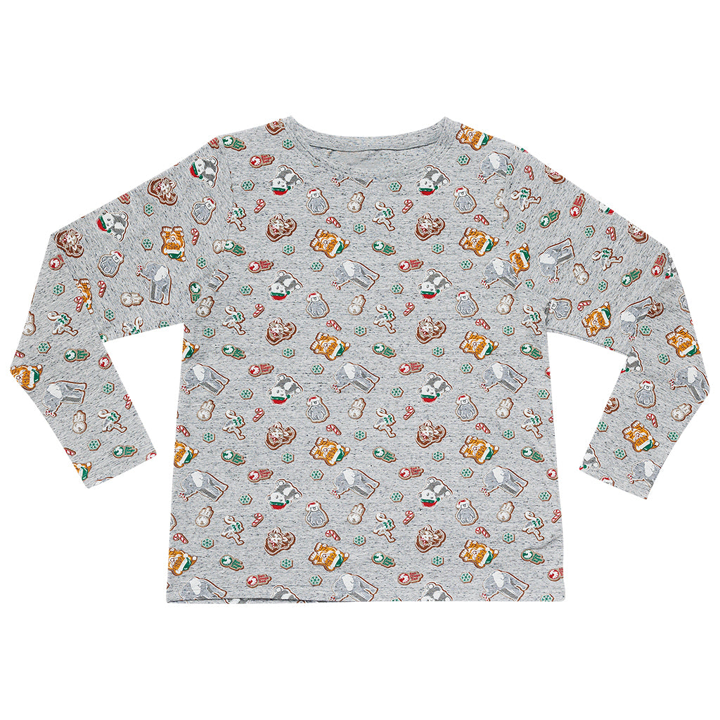 GRAY LONG SLEEVE WOMENS LADIES HOLIDAY WILDLY SWEET GINGERBREAD ZOO ANIMAL COOKIE THEMED PAJAMA TOP