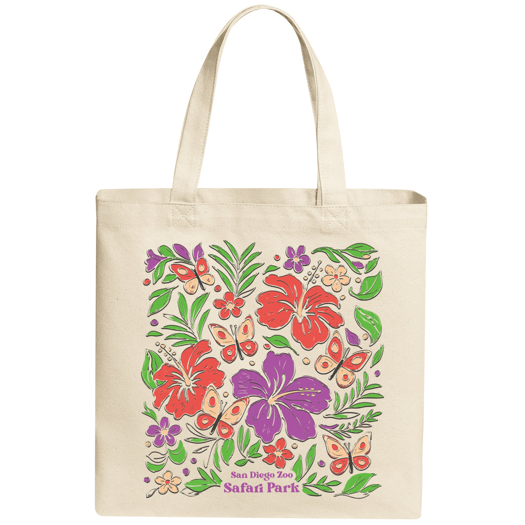 CANVAS TOTE BACK WITH BUTTERFLIES AND HIBISCUS FLOWERS DESIGN SAN DIEGO ZOO SAFARI PARK