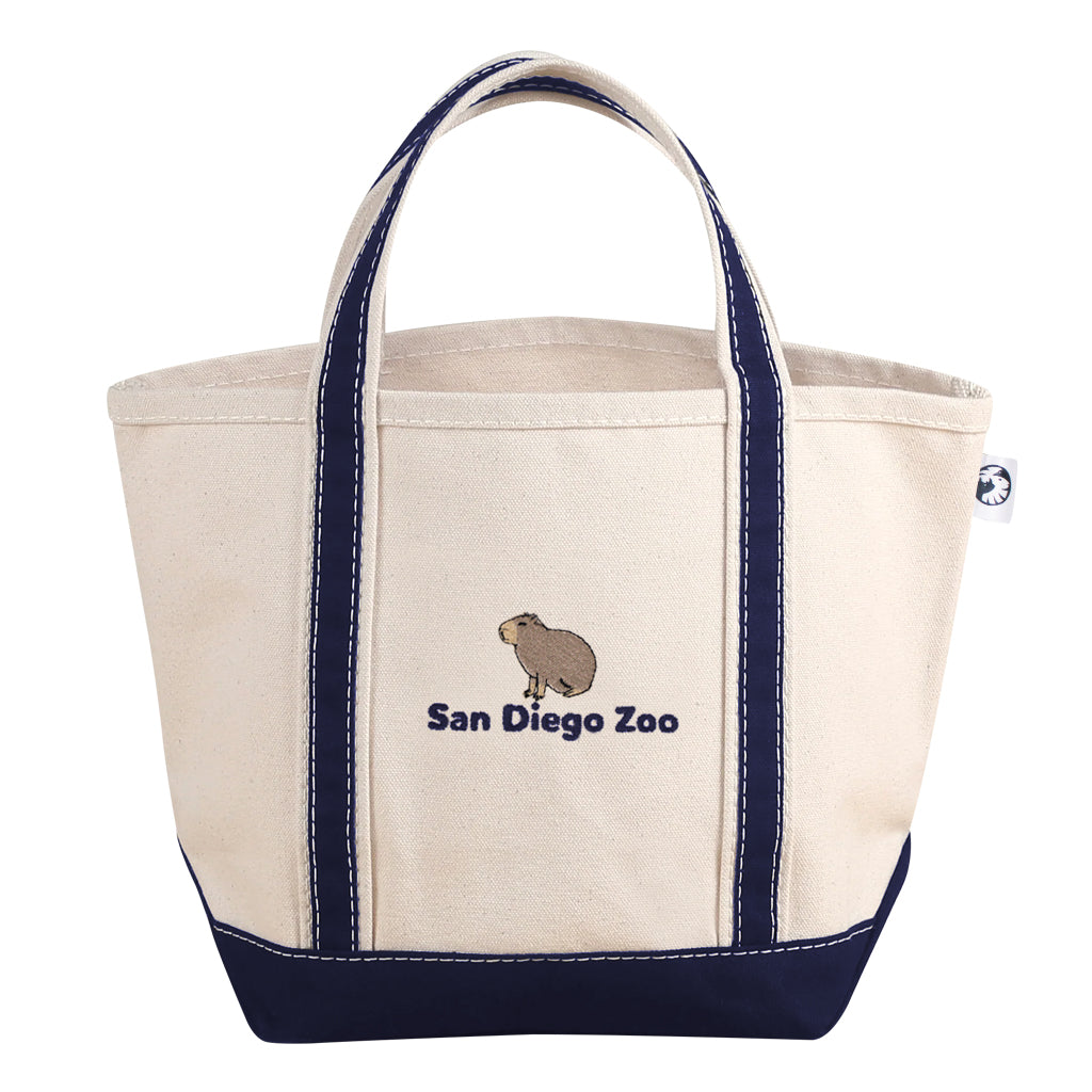 EMBROIDERED CAPYBARA MINI SUSTAINABLE COTTON CANVAS TOTE IN  NATURAL AND NAVY