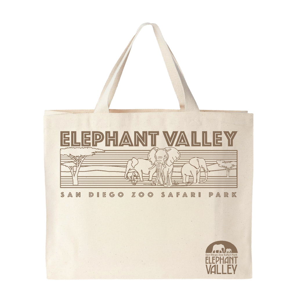 TAN COTTON CANVAS BOOK TOTE ELEPHANT VALLEY LINEAR ARTWORK SAN DIEGO ZOO SAFARI PARK