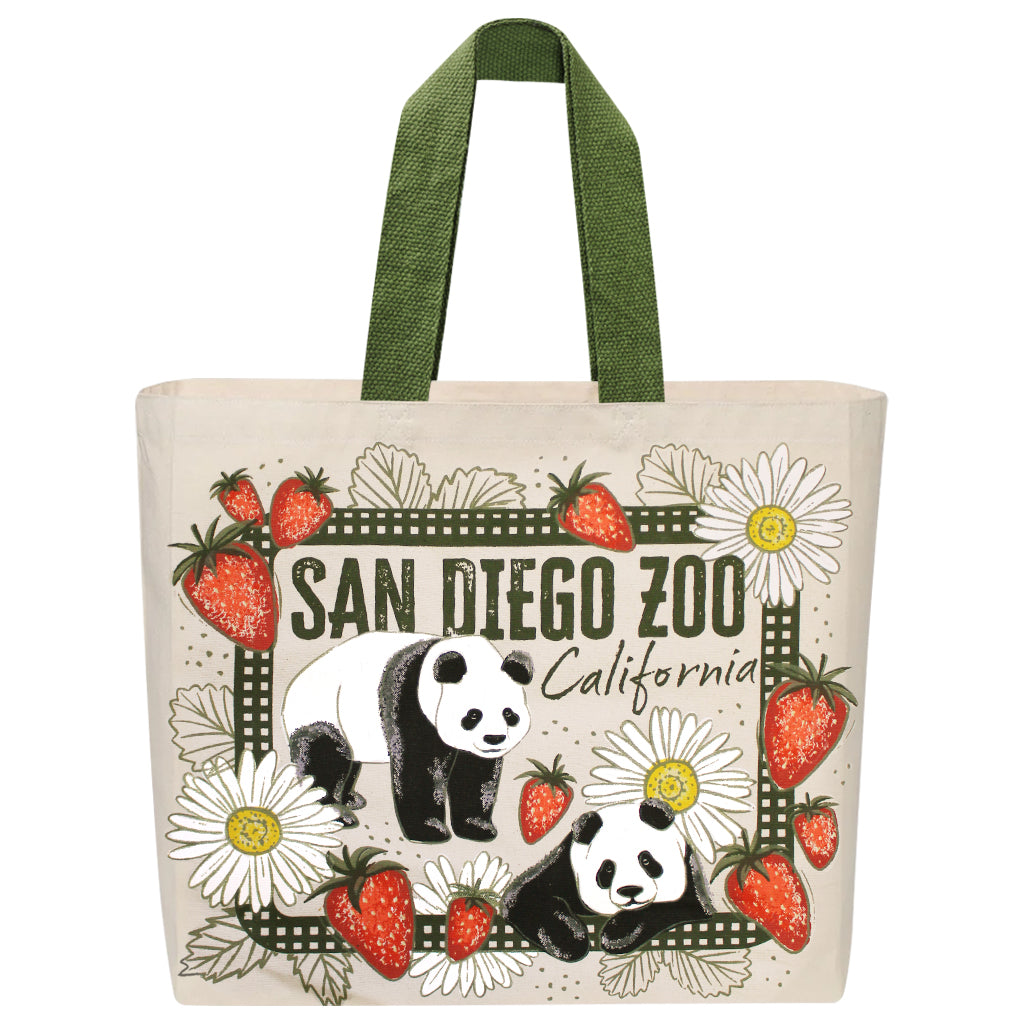 PANDA PICNIC CANVAS TOTE SAN DIEGO ZOO CALIFORNIA PANDAS DAISIES STRAWBERRIES 