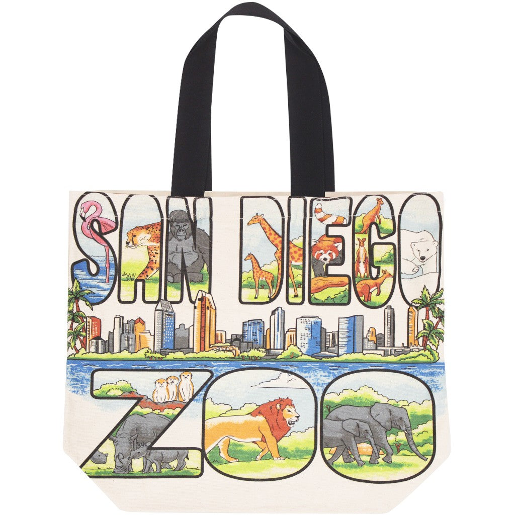 SAN DIEGO SKYLINE SAN DIEGO ZOO CANVAS TOTE BAG WITH BLACK STRAPS