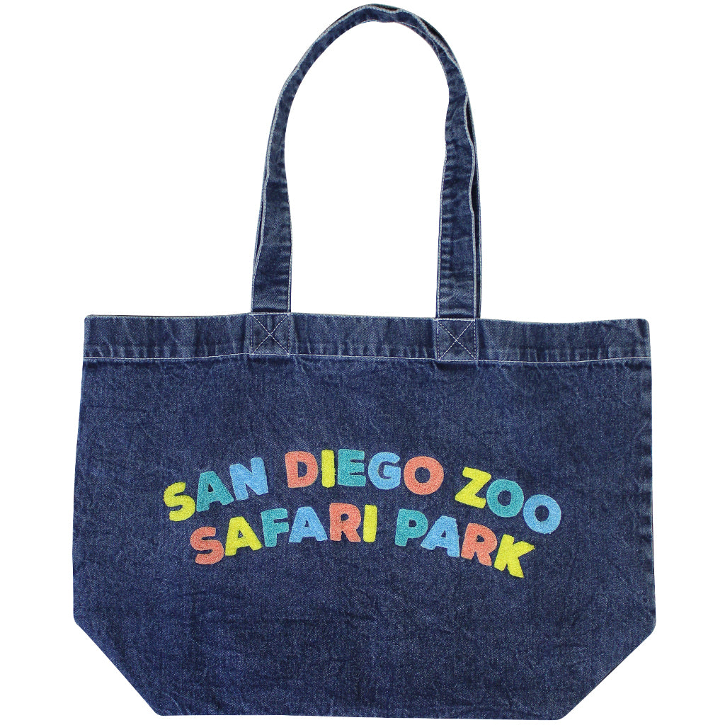 DENIM BLUE EXTRA LARGE TOTE BAG WITH CHENILLE SAN DIEGO ZOO SAFARI PARK EMBROIDERY