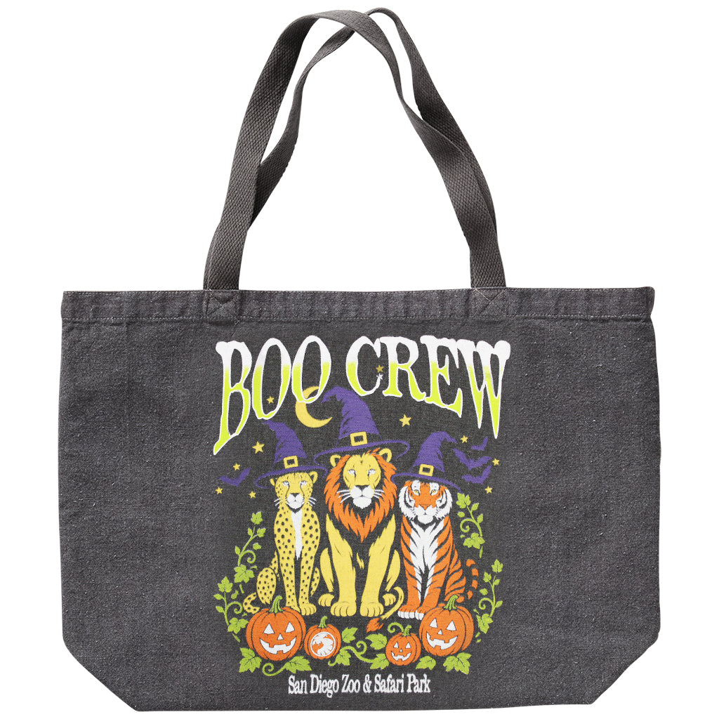 BOO CREW CATS BLACK CANVAS TOTE BAG WITH CHEETHA, LION AND TIGER IN WITCH HATS WITH JACK O LANTERNS FOR THE SAN DIEGO ZOO & SAFARI PARK