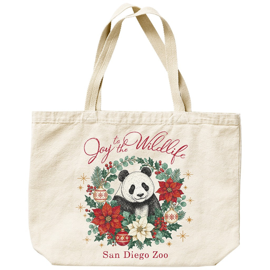 JOY TO THE WILDLIFE CANVAS TOTE BAG WITH GIANT PANDA HOLIDAY GREENERY AND CHRISTMAS ORNAMENTS SAN DIEGO ZOO
