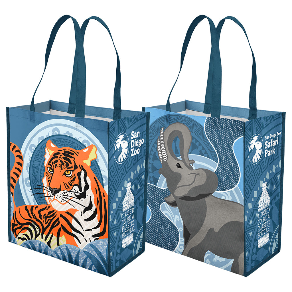 2-SIDED ELEPHANT AND TIGER SHOPPING TOTE ECO RECYCLED WATER BOTTLES