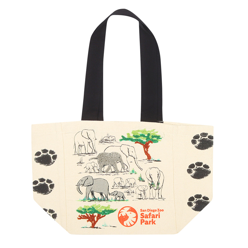 REUSABLE CANVAS TOTE FEATURING EMBROIDERED AND HAND PAINTED AFRICAN ELEPHANTS SAN DIEGO ZOO SAFARI PARK ELEPHANT VALLEY