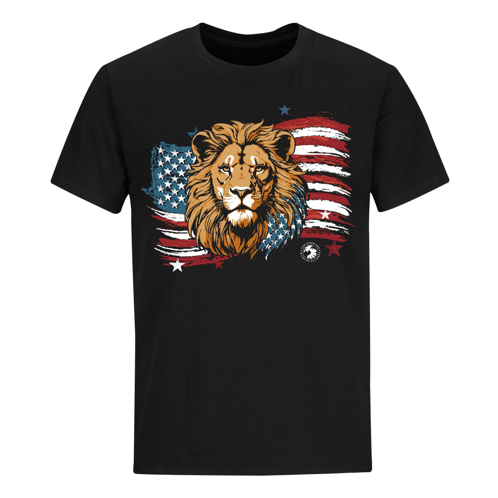 MENS ADULT AMERICANA LION FLAG TEE T-SHIRT BLACK SHORT SLEEVE