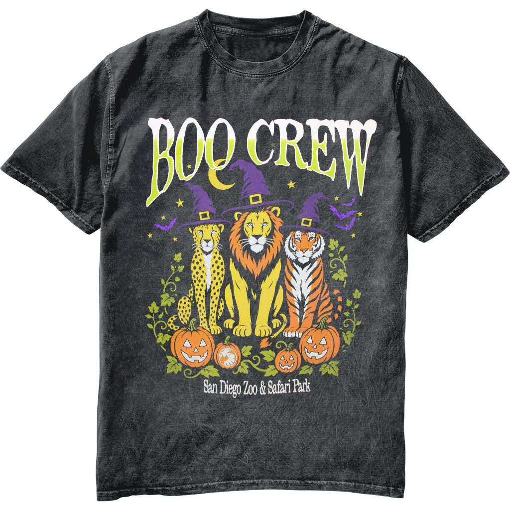 A dark black acid-wash graphic t-shirt featuring three cartoon animals in witch hats with pumpkins and the text 'BOO CREW' and 'San Diego Zoo &amp; Safari Park'.