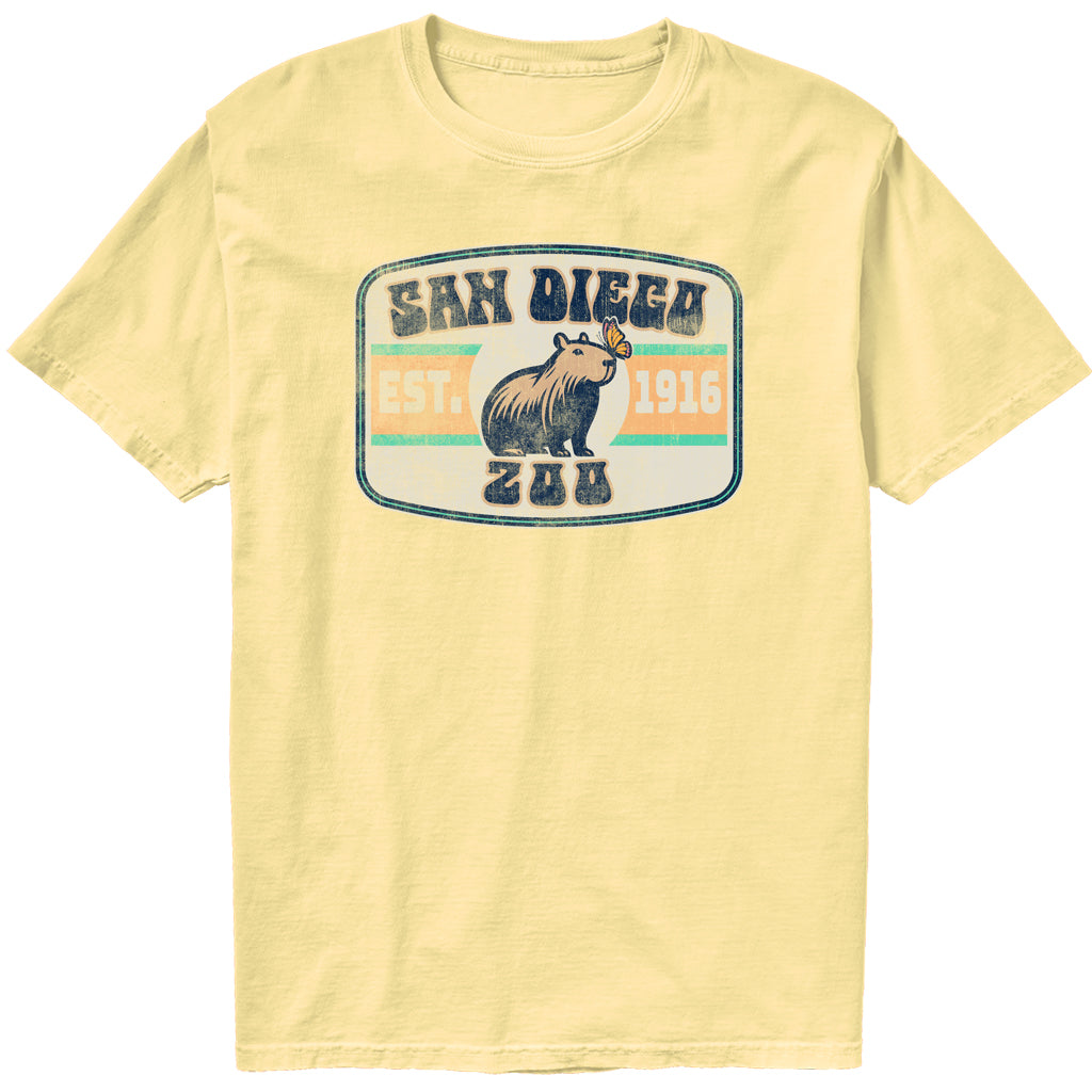 SAN DIEGO ZOO EST. 1916 CAPYBARA MONARCH BUTTERFLY LEMON YELLOW TEE TSHIRT