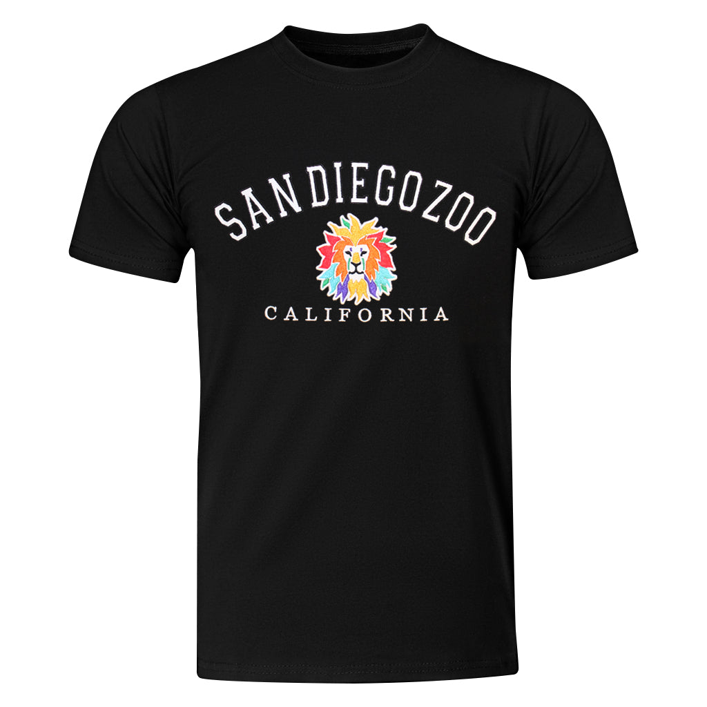 SAN DIEGO ZOO CALIFORNIA COLORFUL LION APPLIQUE BLACK SHORT SLEEVED CREW NECK TEE