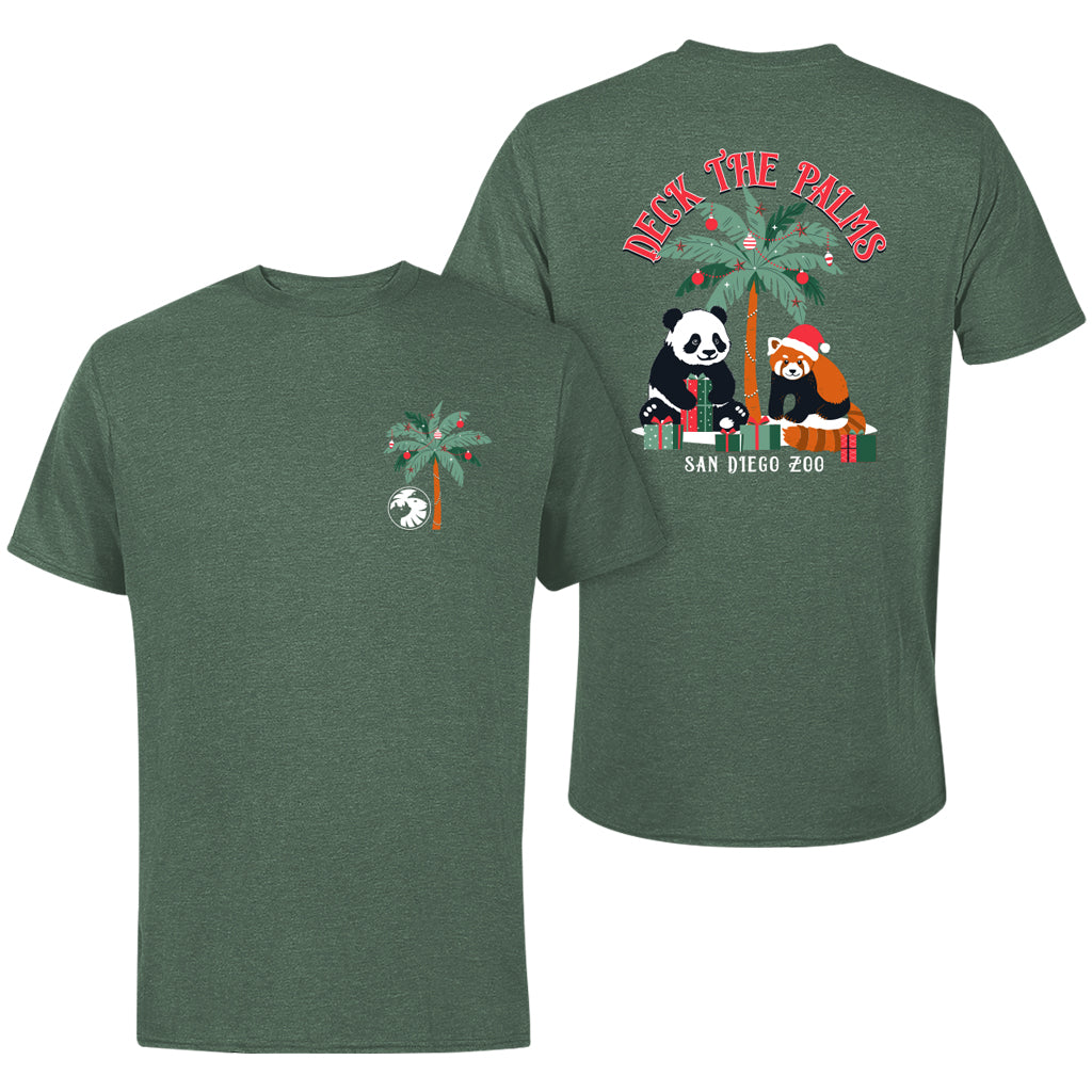 DECK THE PALMS PANDA RED PANDA PALM TREE HOLIDAY CHRISTMAS TEE PINE HEATHER GREEN MENS UNISEX