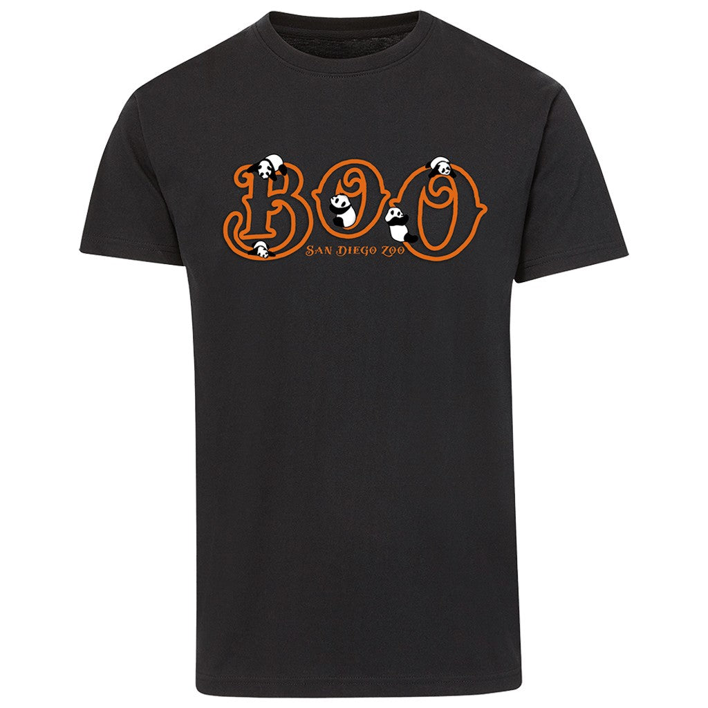 SAN DIEGO ZOO BOO PANDA HALLOWEEN ADULT TEE UNISEX BLACK WITH ORANGE PUFF LETTERING AND GIANT PANDAS 