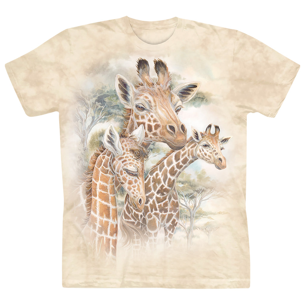 Design of three giraffes in a natural setting on a tie-dyed beige crew neck men's/unisex t-shirt.