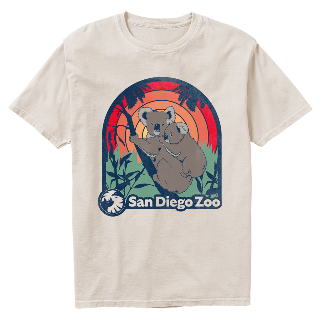 Koala Good Vibes design on a beige oatmeal-colored t-shirt with San Diego Zoo graphic featuring koalas and a sunset design.