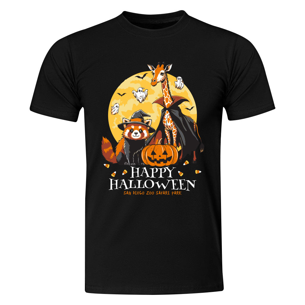 Black t-shirt with Halloween-themed design featuring a giraffe, raccoon, and bat around a pumpkin and moon.