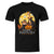 Black t-shirt with Halloween-themed design featuring a giraffe, raccoon, and bat around a pumpkin and moon.