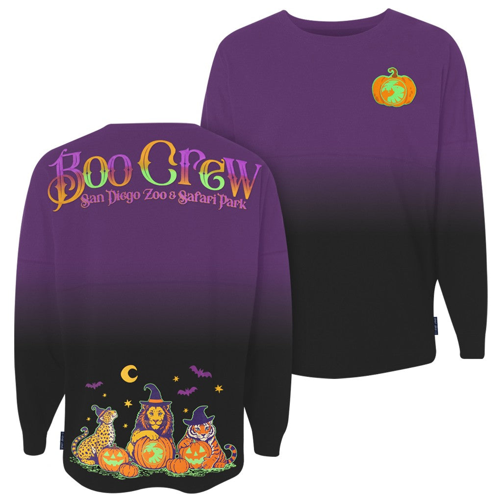 BOO CREW BIG CATS WITH WITCH HATS SPIRIT JERSEY HALLOWEEN PUMPKINS GLOW IN THE DARK PURPLE TO BLACK DIP DYE SDZWA 