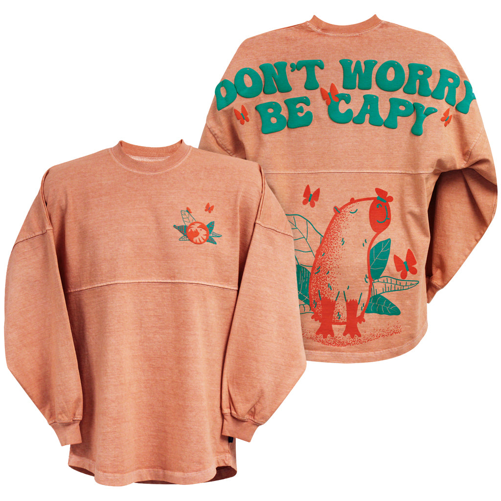 DON&#39;T WORRY BE CAPY CAPYBARA NATURAL DIED ORANGE SPIRIT JERSEY BUTTERFLY