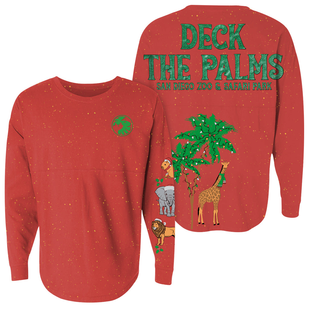 DECK THE PALMS CHRISTMAS HOLIDAY SPIRIT JERSEY RED GOLD GLITTER
