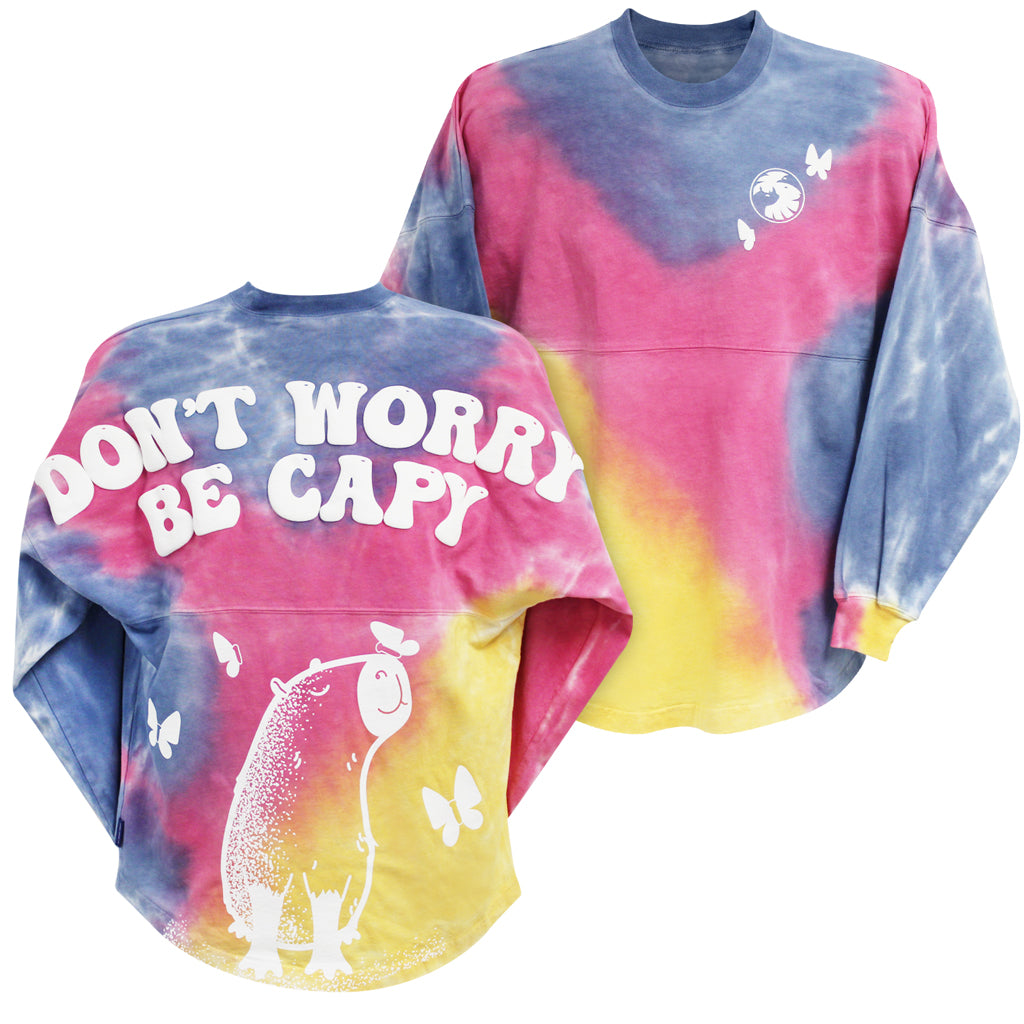 DON'T WORRY BE CAPY CAPYBARA NATURAL DIED RAINBOW SHERBET TIE-DYED SPIRIT JERSEY BUTTERFLY