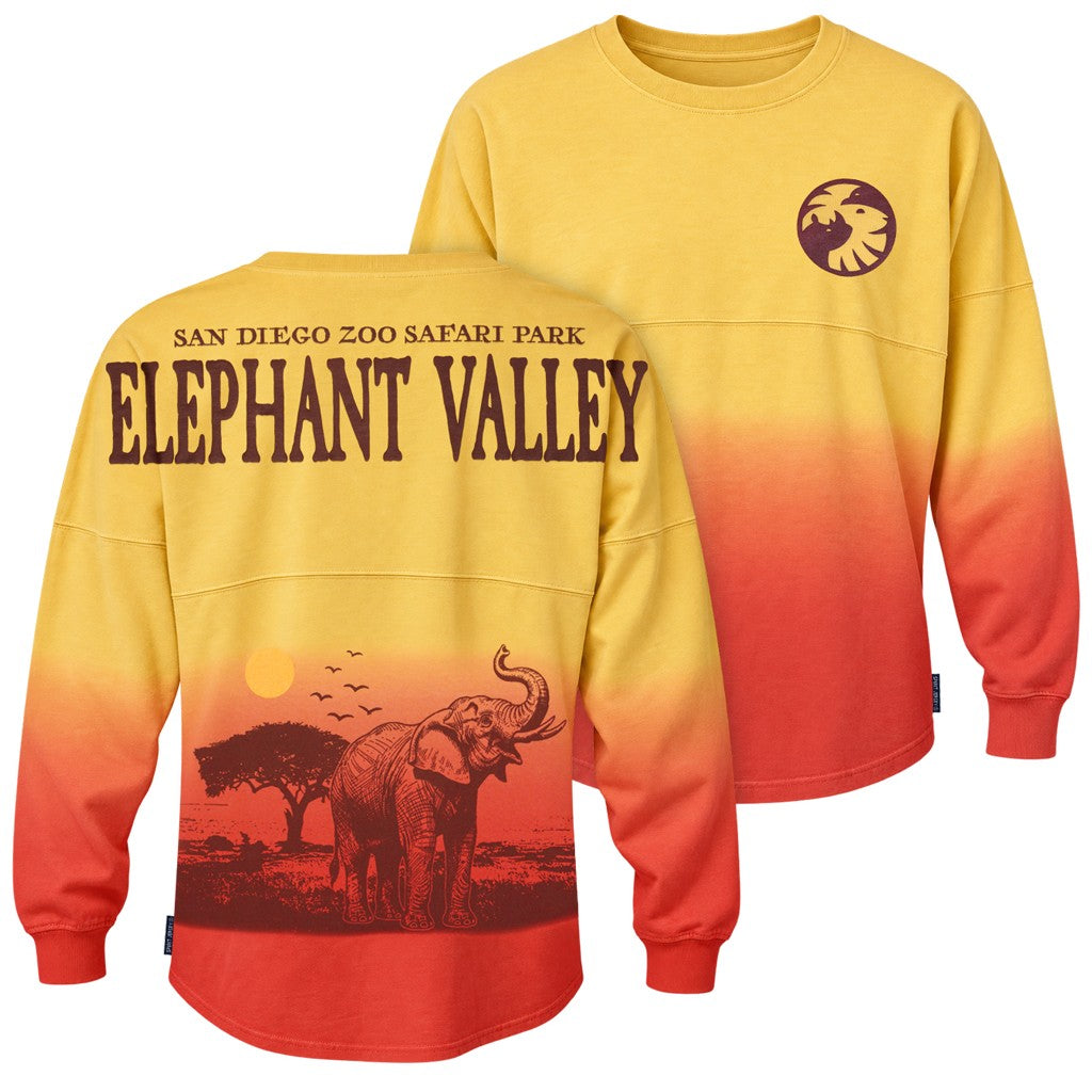 SAN DIEGO ZOO SAFARI PARK ELEPHANT VALLEY SPIRIT JERSEY ON SUNSET DIP-DYE COTTON FABRIC AFRICAN ELEPHANT ACACIA TREE