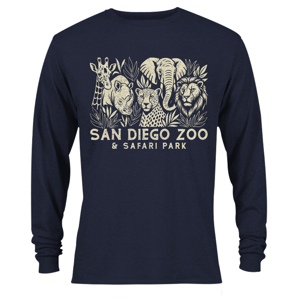 FAVE 5 SAFARI PARK ANIMALS NAVY BLUE LONG SLEEVED T-SHIRT TEE UNISEX