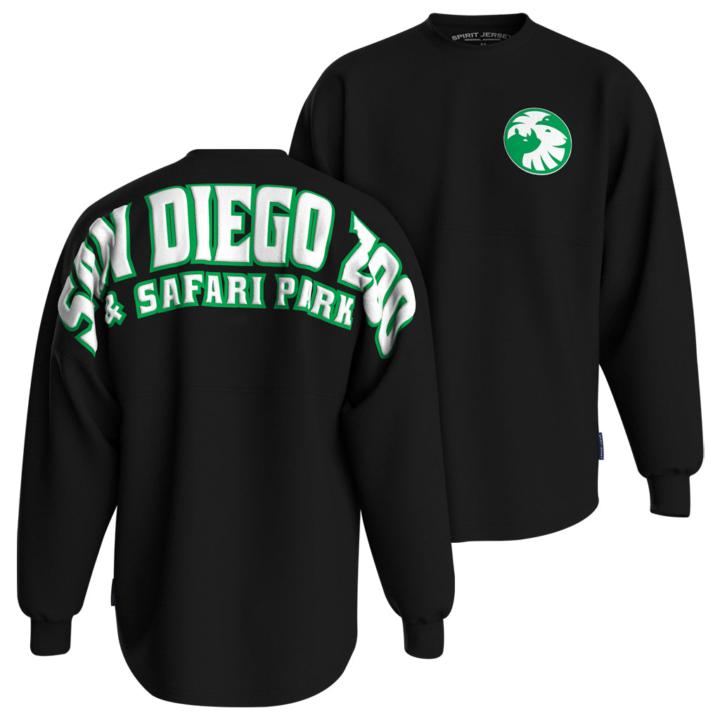 Black Spirit Jersey with 'San Diego Zoo &amp; Safari Park' text in green and white and San Diego Zoo Wildlife Alliance logo.