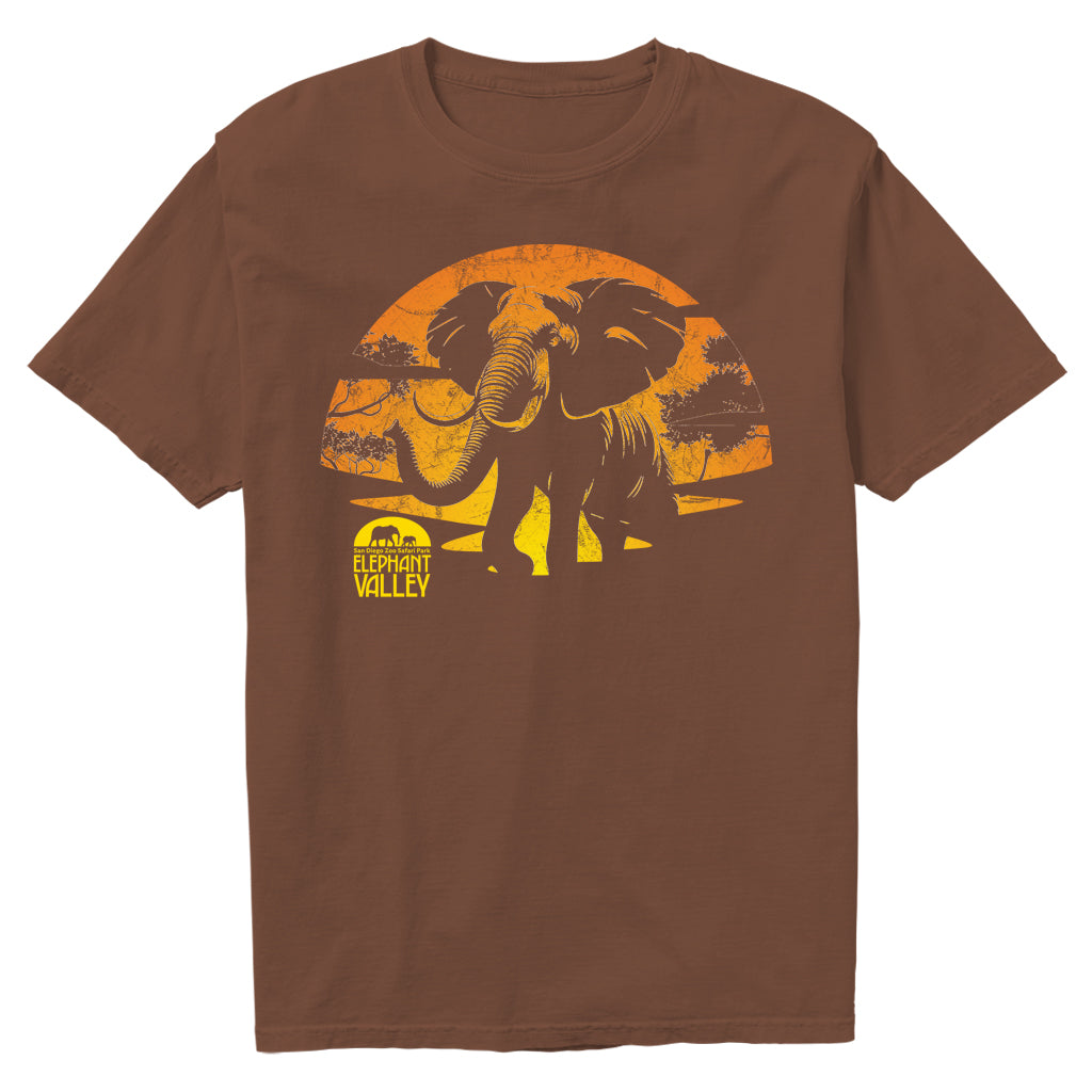ELEPHANT VALLEY SUNSET MENS UNISEX TOBACCO BROWN CREW NECK TEE SAFARI PARK