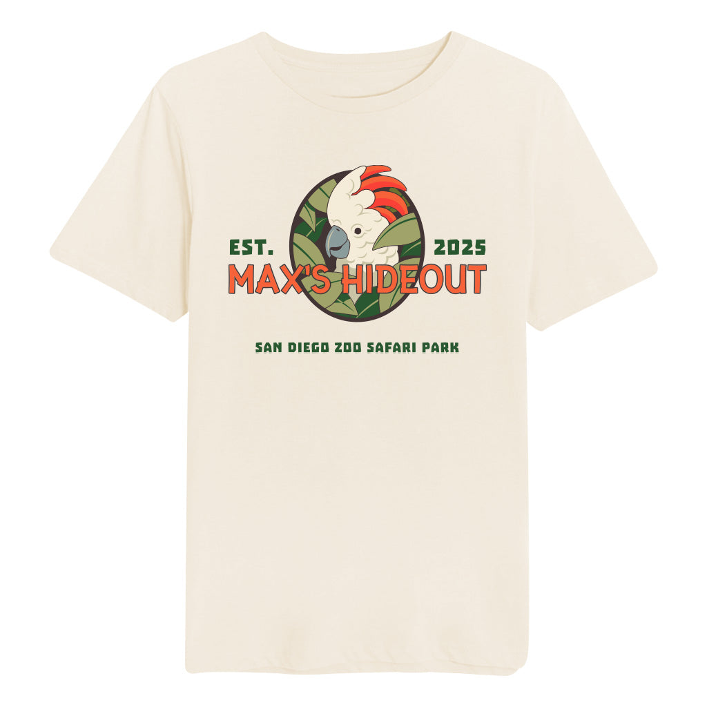 MAX'S HIDEOUT COCKATOO MENS UNISEX CREAM COTTON CREW NECK TEE SAN DIEGO ZOO SAFARI PARK