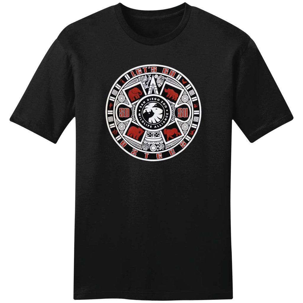 SDZWA AND SDSU AZTEC CALENDAR BLACK TEE WITH LET'S GO AZTECS AND ZOO ANIMAL DESIGNS COLLABORATION COLLAB