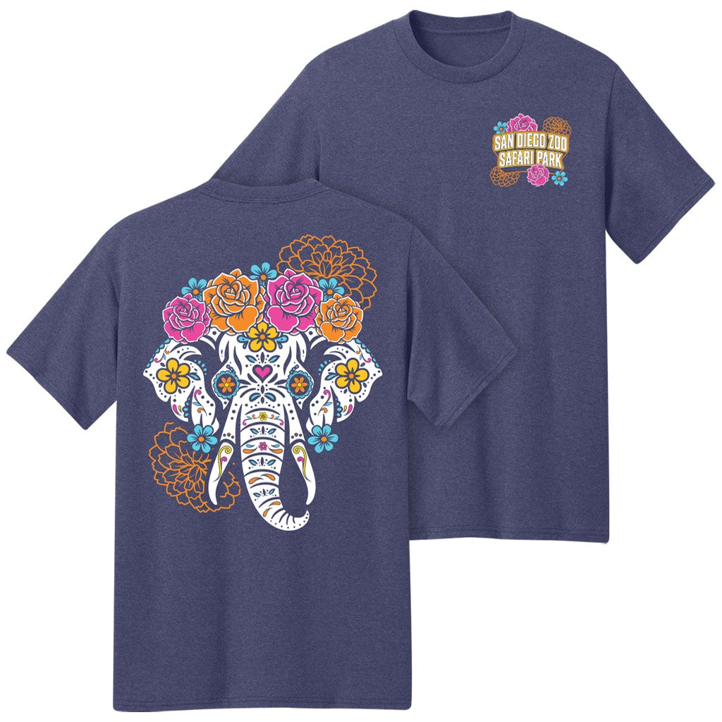 ELEPHANT SUGAR SKULL SAN DIEGO ZOO SAFARI PARK HEATHER BLUE SHORT SLEEVED TEE DIA DE LOS MUERTOS ROSES AND MARIGOLDS