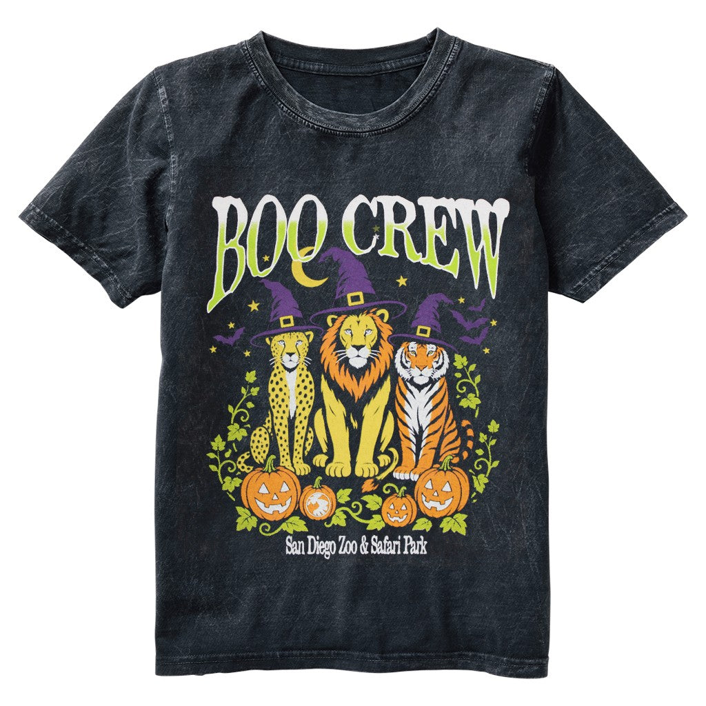 A black acid-wash graphic t-shirt featuring a Halloween theme with the text 'BOO CREW' and an illustration of three animals (cheetah, lion, and tiger) in witch hats with pumpkins and bats. The bottom text reads 'San Diego Zoo &amp; Safari Park'.