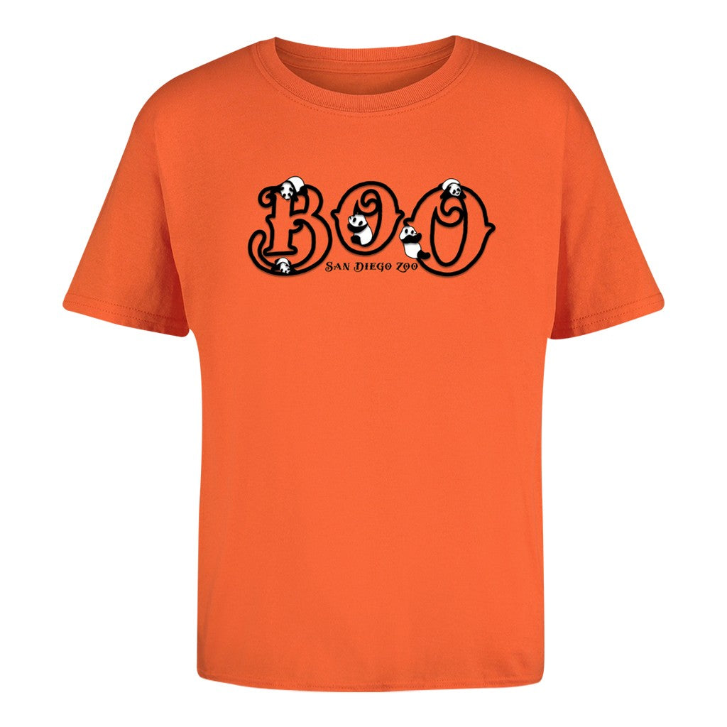 HALLOWEEN BOO PANDA KIDS ORANGE SHORT SLEEVE TEE WITH RAISED LETTERING SAN DIEGO ZOO GIANT PANDAS