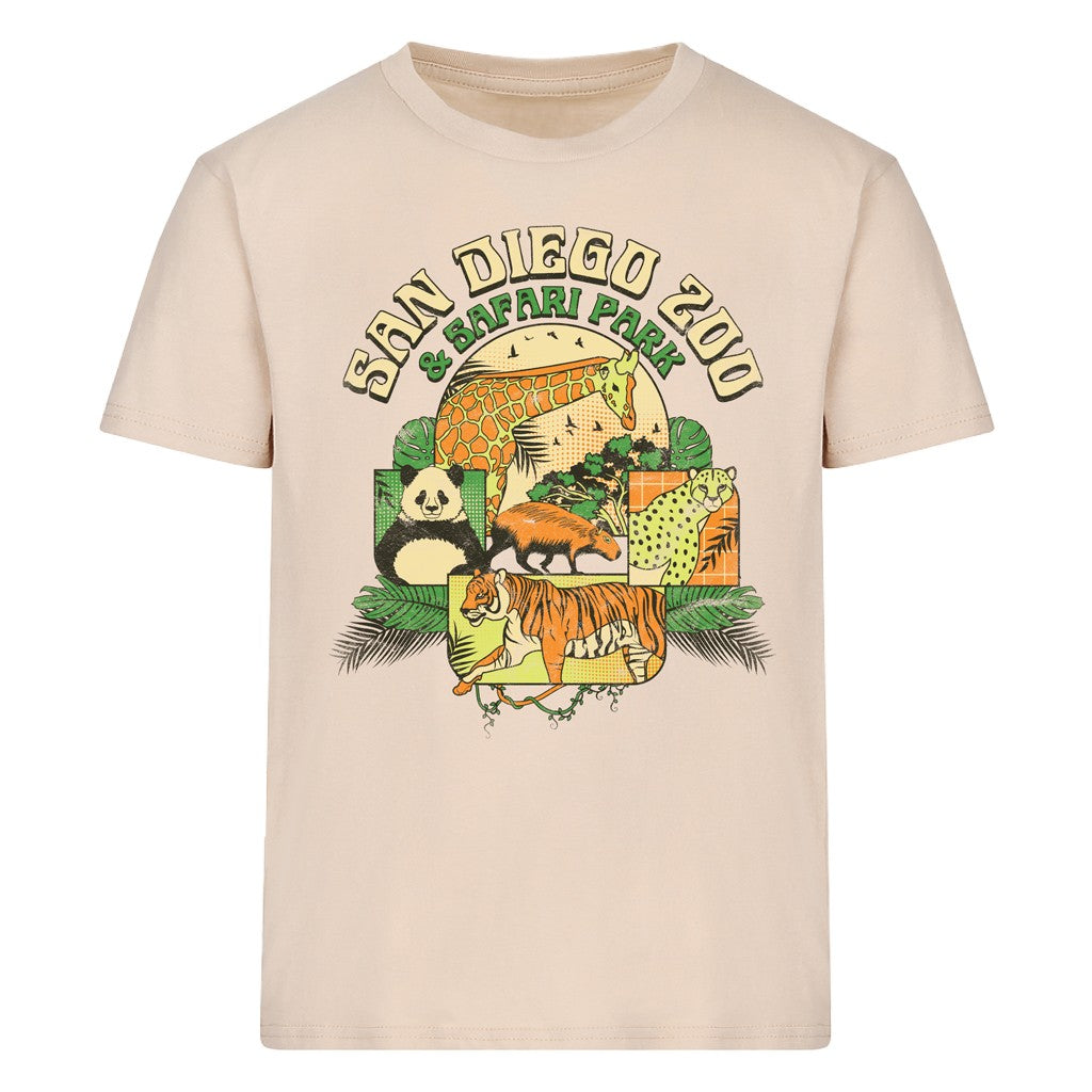 TAN KIDS YOUTH TEE WITH ZOO-VERSE SAN DIEGO ZOO SAFARI PARK ARTWORK COMICS STYLE 