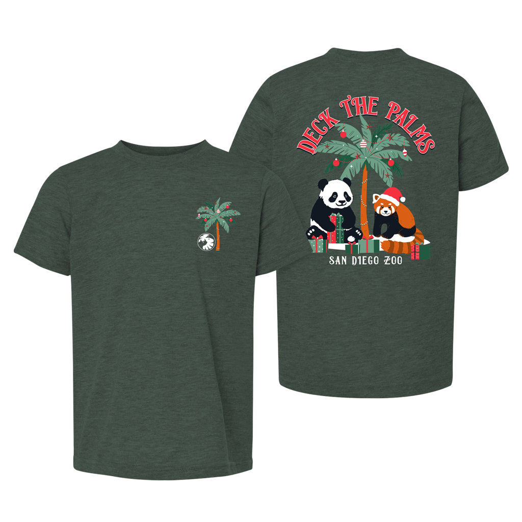 DECK THE HALLS YOUTH KIDS HOLIDAY T-SHIRT TEE PINE HEATHER GREEN UNISEX PANDA RED PANDA