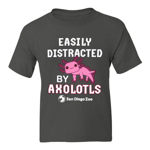 EASILY DISTRACTED BY AXOLOTLS YOUTH CHARCOAL GRAY SHORT SLEEVE TEE T-SHIRT