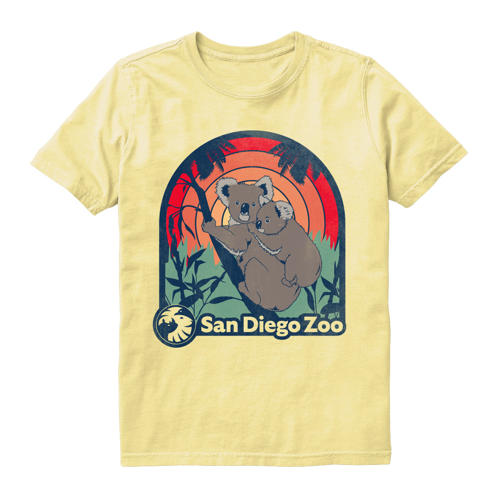 Koala Good Vibes design on a lemon yellow kids youth-fit t-shirt with San Diego Zoo graphic featuring koalas and a sunset design.