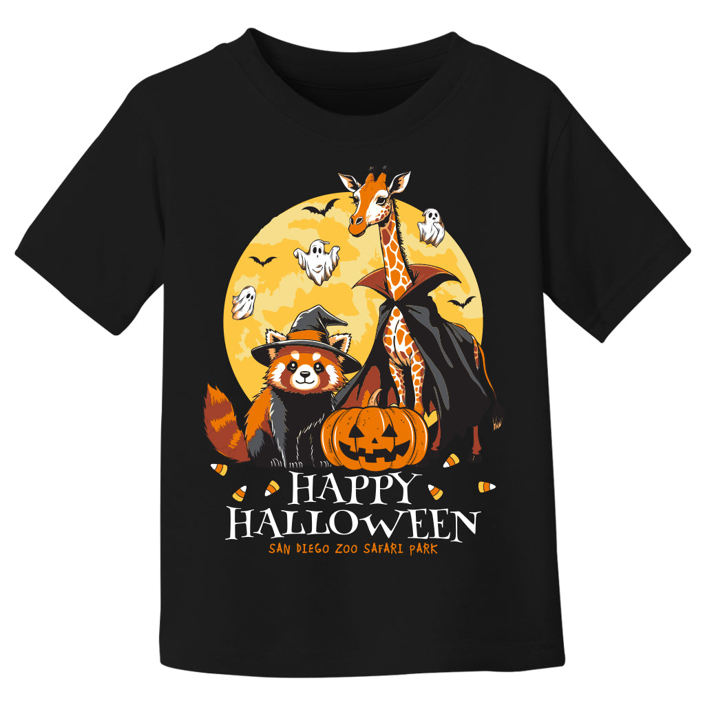 Black t-shirt with Halloween-themed design featuring a giraffe, red panda, and fox with a pumpkin and ghosts.