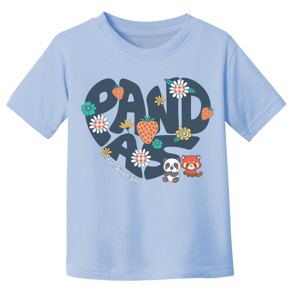 PANDA PICNIC STRAWBERRIES AND DAISIES RED PANDA LIGHT BLUE SHORT SLEEVE KIDS TEE GIRLS