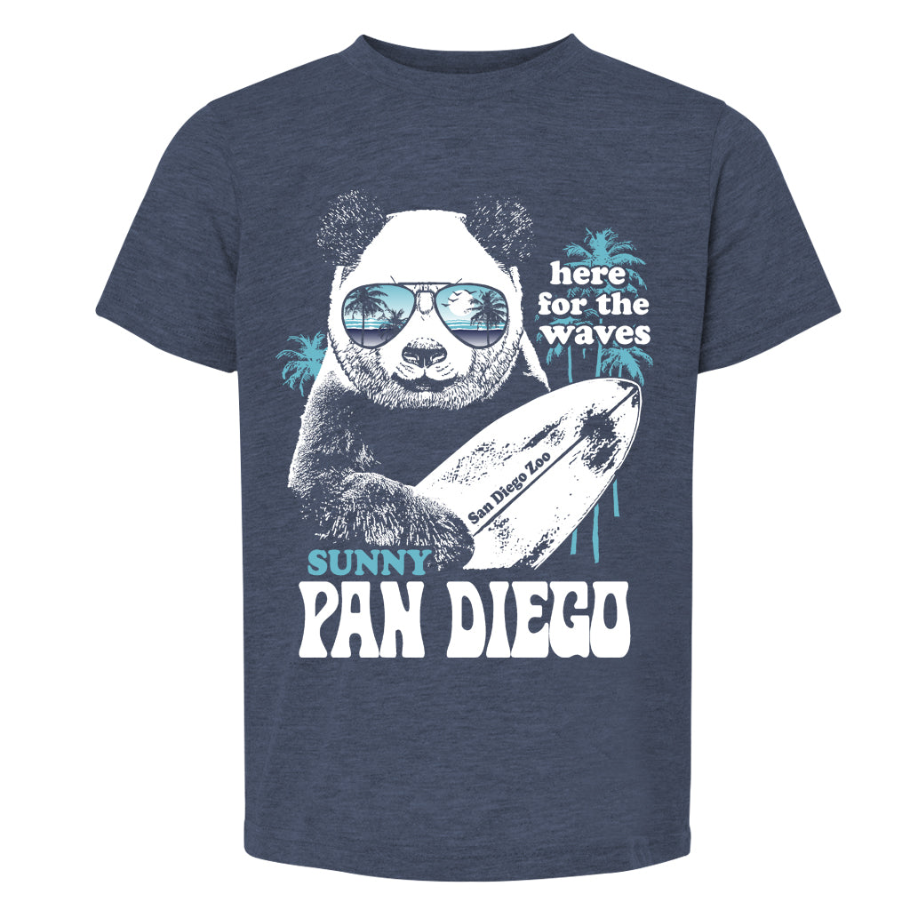 BOYS GIANT PANDA HERE FOR THE WAVES SUNNY PAN DIEGO YOUTH KIDS TEE NAVY HEATHER SURFBOARD SUNGLASSES