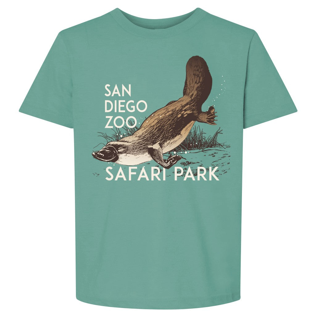 YOUTH KIDS SWIMMING PLATYPUS TEE SALTWATER BLUE GREEN SAN DIEGO ZOO SAFARI PARK