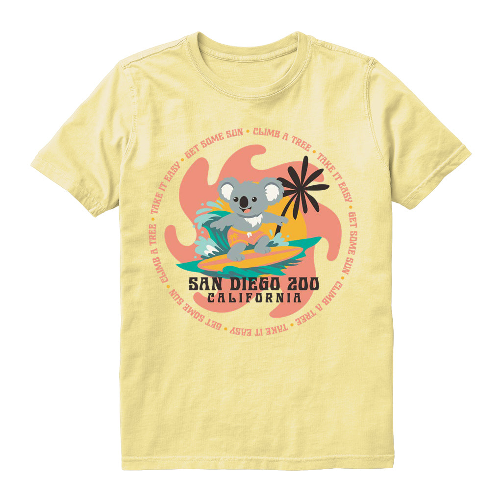 SAN DIEGO ZOO CALIFORNIA SURFING KOALA TROPICAL PUNCH LEMON YELLOW KIDS YOUTH TEE 